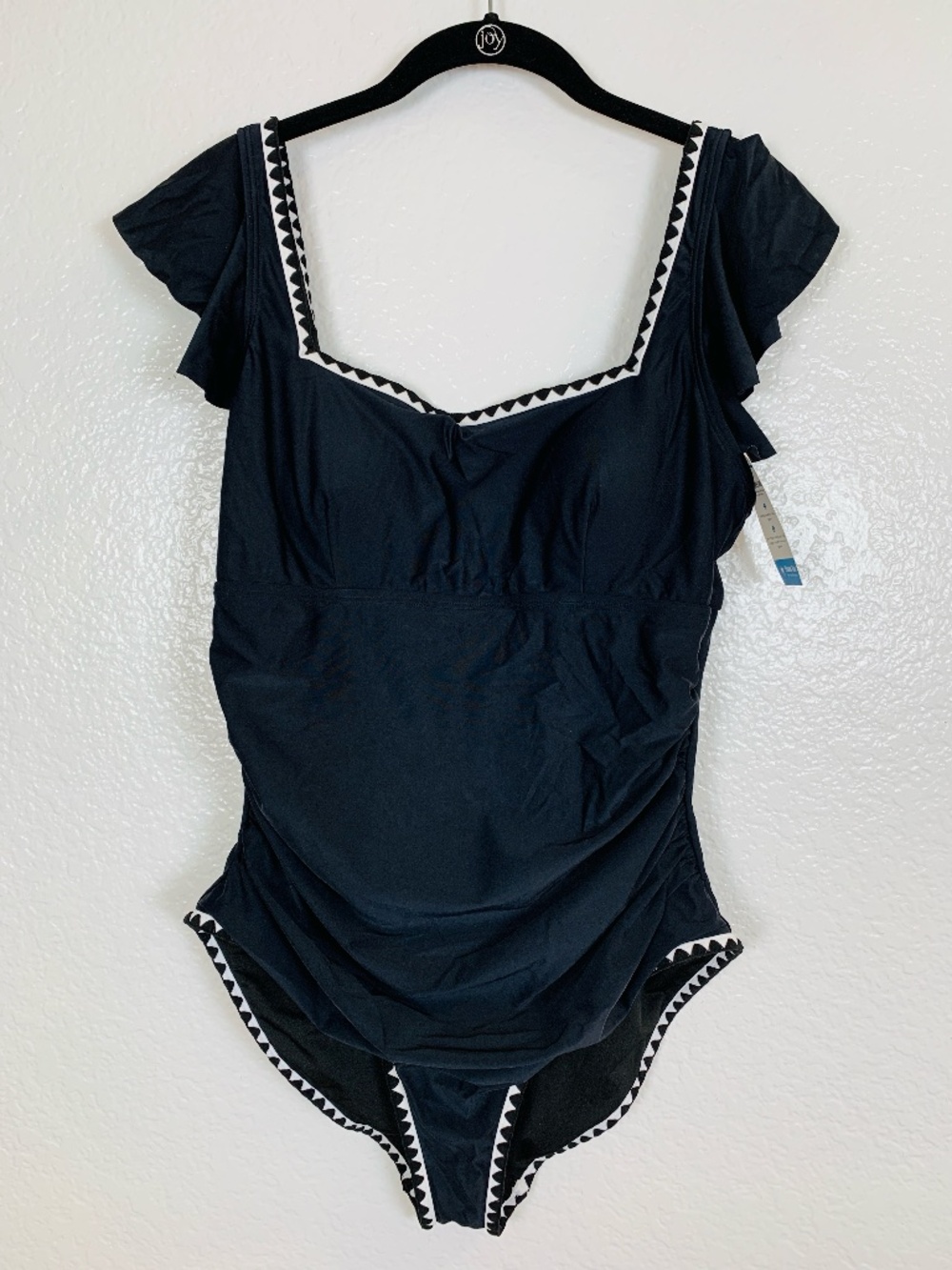 Sunshine Black One Piece Swimsuit XL NEW White Trim Ruffle Bathing Suit
